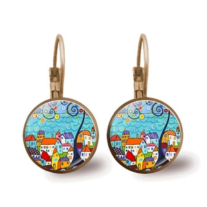 Close-up of vintage bronze earrings featuring colorful house art under glass cabochon