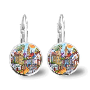 Detailed view of silver lever-back earrings featuring a colorful abstract village landscape