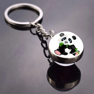 Detail of cute panda keychain with double-sided glass pendant on metallic ring