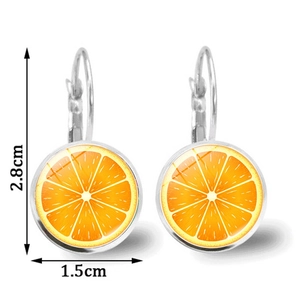 Detail showing 2.8cm by 1.5cm leverback earrings with orange slice glass cabochon
