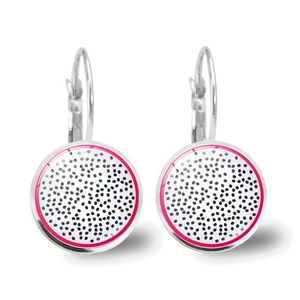 Detail of dragon fruit leverback earrings with white pulp and black seed patterns