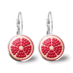 Detail of silver leverback earrings with pomegranate fruit glass cabochon design