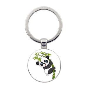 Cartoon Panda Bamboo Keychain Cute Round Glass Pendant Zinc Alloy Silver Handbag Backpack Ornament Gift Charm