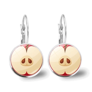 Detailed view of silver lever-back earrings featuring a round apple slice illustration