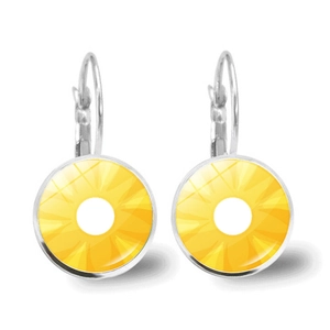 Detailed close-up of handmade fruit slice drop earrings featuring a yellow lemon glass dome