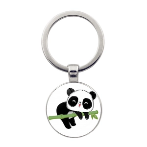 Cute cartoon panda on green bamboo circular metal keychain with silver ring