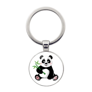 Cute cartoon panda holding bamboo on a round metal keychain with silver ring