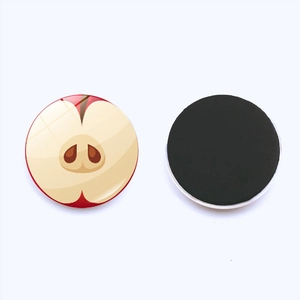 Detailed view of apple slice fridge magnet with clear glass dome and black magnetic backing
