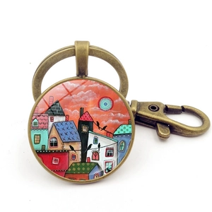 Porte-clés en Alliage de Zinc Bronze Antique Vintage Avec Cabochon en Verre Motif Artistique de Peinture à l'Huile de Paysage Abstrait Pendentif
