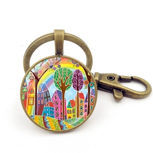 Porte-clés en bronze vintage avec paysage abstrait et fermoir mousqueton robuste