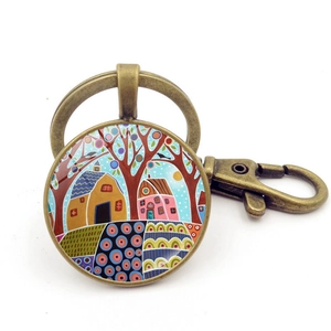 Porte-clés en bronze vintage avec pendentif de paysage coloré et fermoir mousqueton