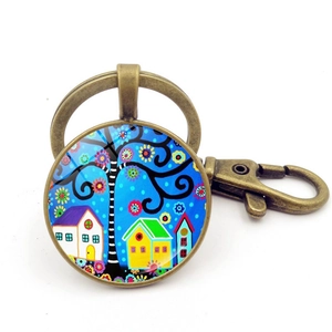 Porte-clés artistique avec pendentif en verre, motif d'arbre et fermoir mousqueton bronze