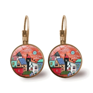 Vintage Abstract Landscape Alloy Earrings For Women Artistic Town House Glass Cabochon Leverback Drop Earrings Fashion Jewelry