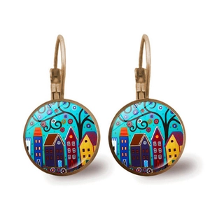 Vintage bronze leverback earrings with artistic house and garden scenery painting