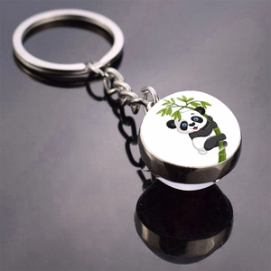 Cute Cartoon Panda Bamboo Keychain Zinc Alloy Double Sided Glass Ball Pendant Key Ring For Bag Backpack Decoration Gift