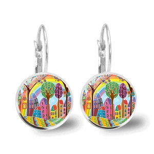 Abstract landscape drop earrings with colorful starry sky and house illustration