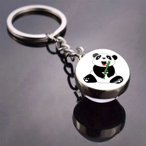 Cute panda with bamboo cartoon pattern on round glass pendant stainless steel keychain