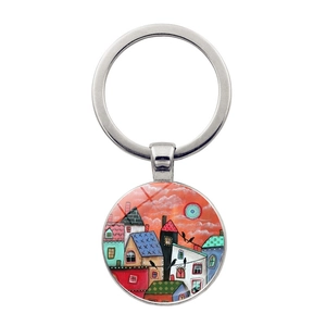 Abstract Landscape House Art Art Art Keychain Zinc Alloy Glass Round Pendant Keyring Fairytale Style Ornament Accessories For Gift