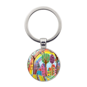Abstract wood landscape keychain with house and rainbow illustration under starry sky