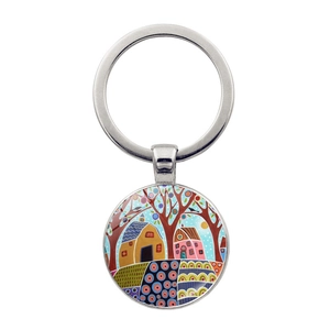 Abstract wood landscape keychain with colorful house illustration and glass pendant