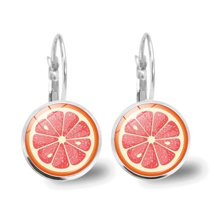 Fresh grapefruit slice earrings with silver leverback hooks and round glass pendant