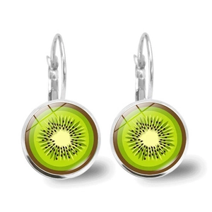 Fresh kiwi fruit slice glass drop earrings with silver hooks for a sweet summer style