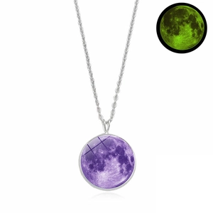 Luminous moon pendant necklace with glowing purple galaxy planet on silver chain