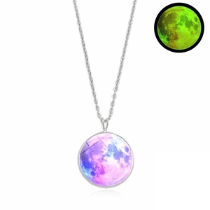 Luminous moon pendant necklace with purple nebula pattern and green glow effect