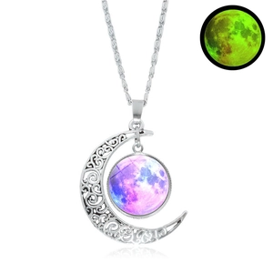 Collana luna argento con pendente pianeta galassia luminosa che brilla al buio