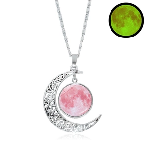 Collana a mezzaluna vuota con pendente a pianeta rosa ed effetto luminoso argento