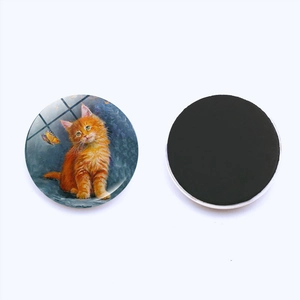 Detail showing the cat painted glass top and full magnetic backing of the 25mm fridge magnet