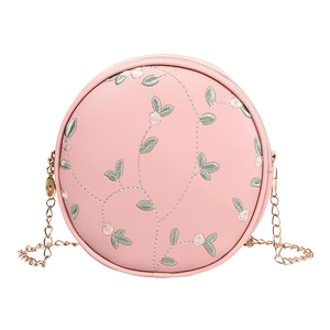 Borsa a tracolla rotonda rosa con ricami floreali e catena dorata da donna