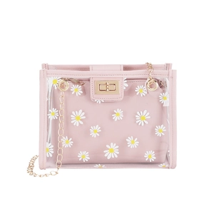 Sac transparent en PVC marguerites avec pochette rose et bandoulière en chaîne dorée
