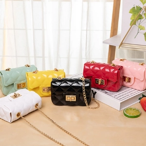 Women Mini Quilted Jelly Bag PVC Rhombic Pattern Crossbody Shoulder Bag With Gold Metal Turn Lock And Chain Strap