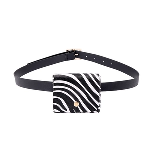 Women's zebra print waist bag with black adjustable belt and gold buckle details