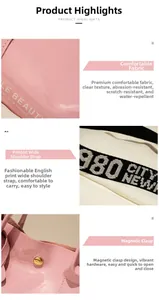 Détails d'un sac à main rose brillant avec bandoulière imprimée et fermoir magnétique