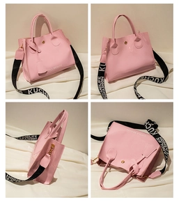 Vues multiples d'un sac seau en cuir verni rose avec large bandoulière et texte blanc