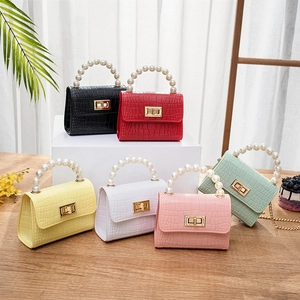 Women Mini Handbag PVC Crocodile Pattern Faux Artificial Pearl Handle Golden Twist Lock Metal Chain Strap Sweet Fashion Accessory