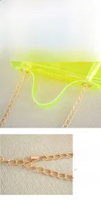 Detail of neon green transparent PVC jelly bag with adjustable gold plating chain strap