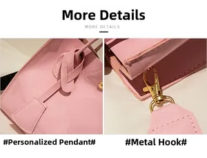 Détail du sac seau en cuir verni rose avec breloque nœud et finitions dorées