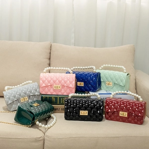 Women Diamond Quilted Jelly Bag Glossy PVC Artificial Pearl Handle Gold Chain Strap Fashion Crossbody Shoulder Handbag