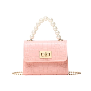 Pink crocodile pattern mini jelly bag with elegant pearl handle and gold chain strap