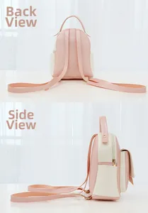 Vues détaillée arrière et latérale d'un mini sac à dos en similicuir rose et blanc