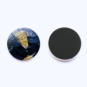 Detailed front and back view of Van Gogh Dr. Gachet art glass magnet for fridge decor