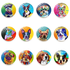 Round Fridge Magnets Crystal Glass Dog Art Oil Painting Style Magnetic Whiteboard Decor For Home Kitchen Office