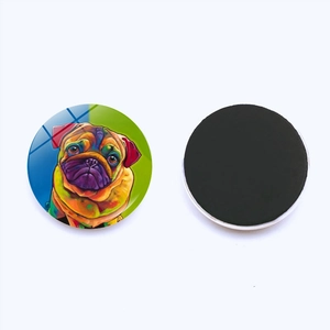 Front and back view of a round glass pug dog fridge magnet with strong magnetic backing