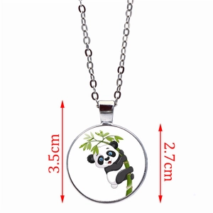 Collier pendentif panda et bambou avec chaîne argentée et cabochon en verre