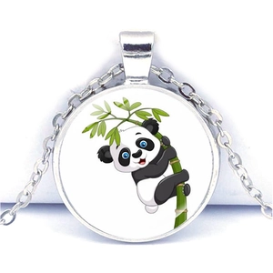 Collier Pendentif Rond en Verre Panda et Bambou en Alliage de Zinc Pierre du Temps Couleur Argent pour Femmes Hommes Bijoux Quotidien Cadeau