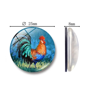 Colorful rooster oil painting glass fridge magnet with 25mm diameter and 8mm thickness