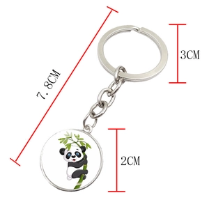 Cute cartoon panda climbing bamboo keychain with 7.8cm metal ring and glass pendant